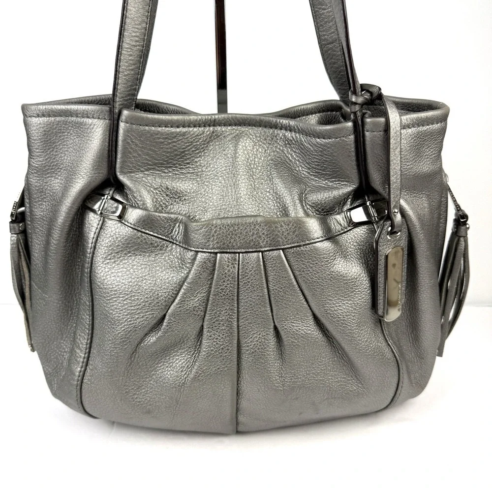 B Makowsky Hobo Handbag Metallic Silver Leather Tasseled Boho Chic Everyday Bag